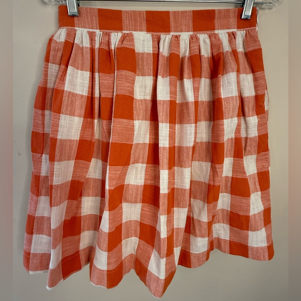 Pepaloves plaid linen blend mini skirt orange & white pockets SZ SM